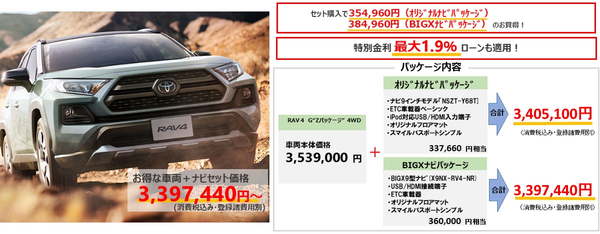 新型RAV4車両+ナビセット特別パッケージ価格3,548,600円~(消費税込み・登録諸経費別)
